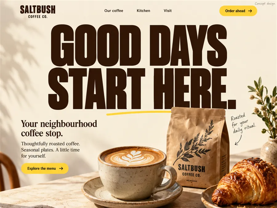 Concept homepage design for Saltbush Coffee Co., a fictional café in Melbourne