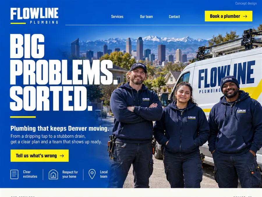 Concept homepage design for Flowline Plumbing, a fictional plumber in Denver