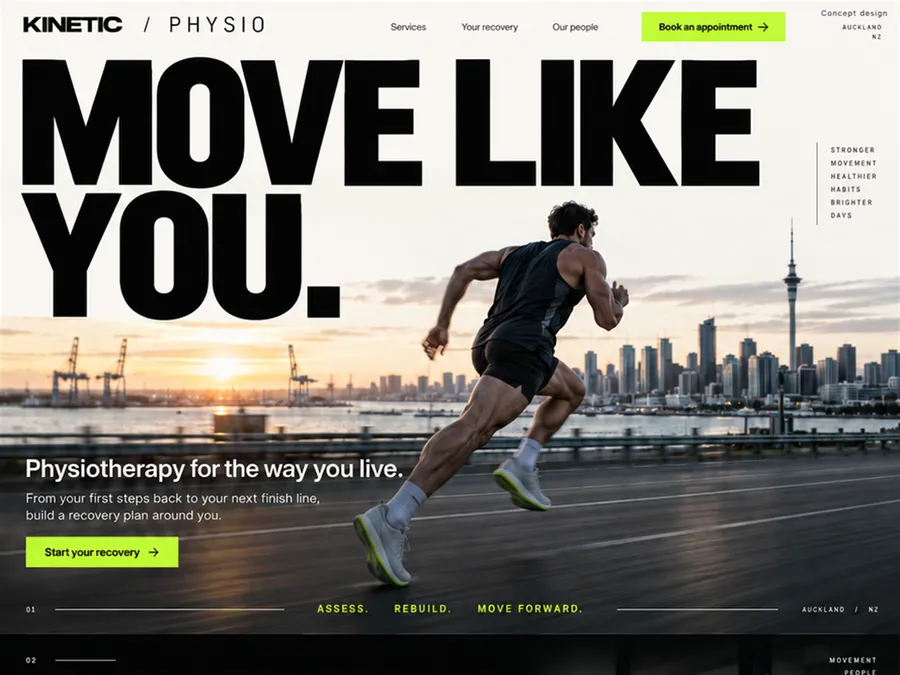 Concept homepage design for Kinetic Physio, a fictional physiotherapy clinic in Auckland
