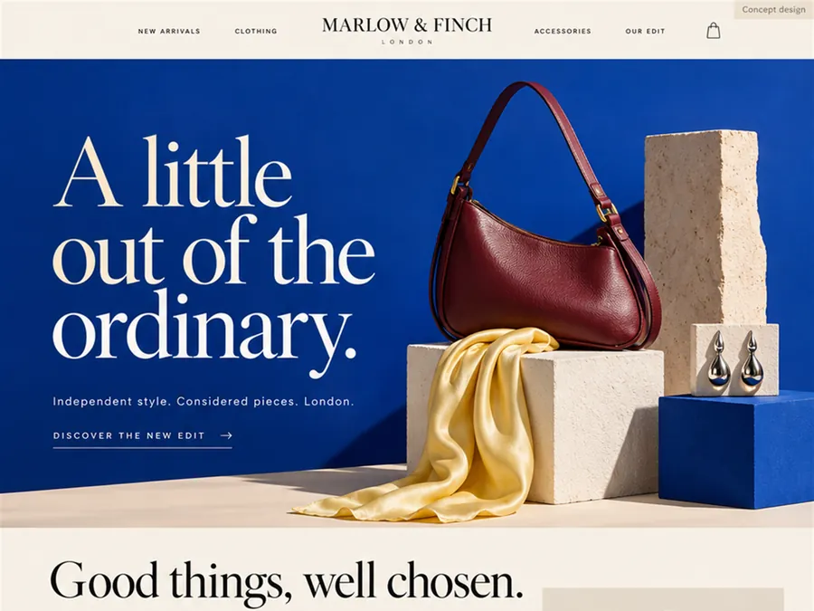 Concept homepage design for Marlow & Finch, a fictional fashion boutique in London