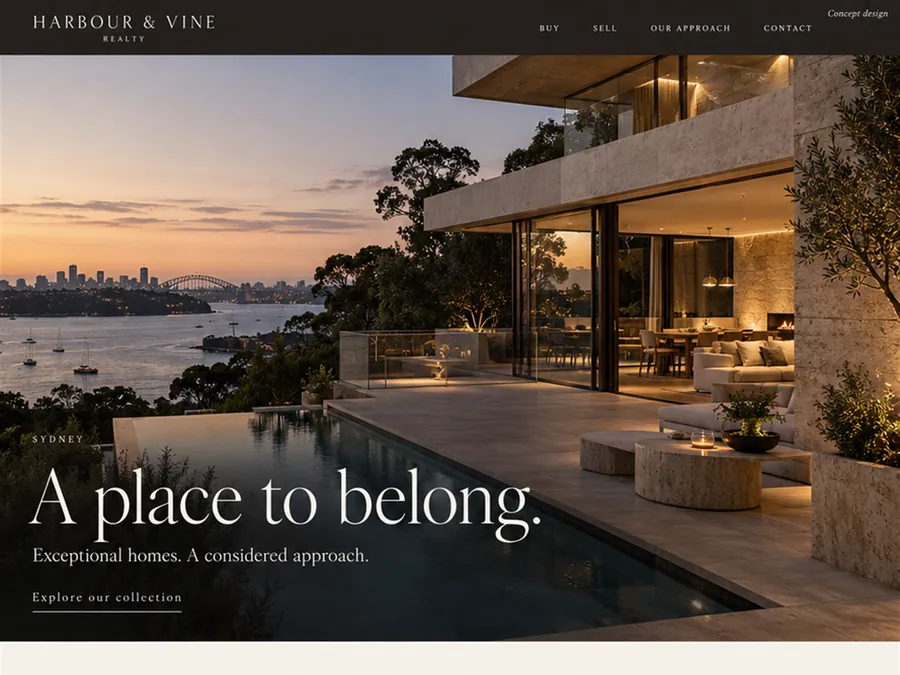 Concept homepage design for Harbour & Vine Realty, a fictional real estate agency in Sydney
