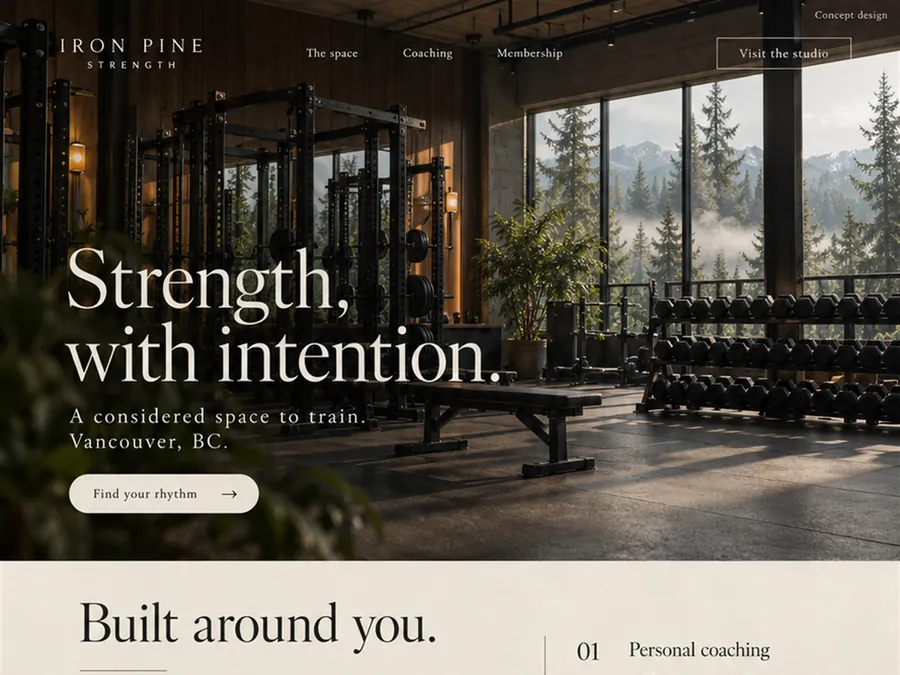 Concept homepage design for Iron Pine Strength, a fictional strength gym in Vancouver