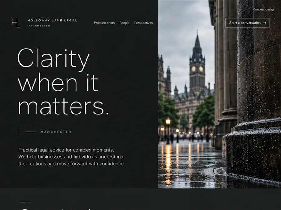 Concept homepage design for Holloway Lane Legal, a fictional law firm in Manchester