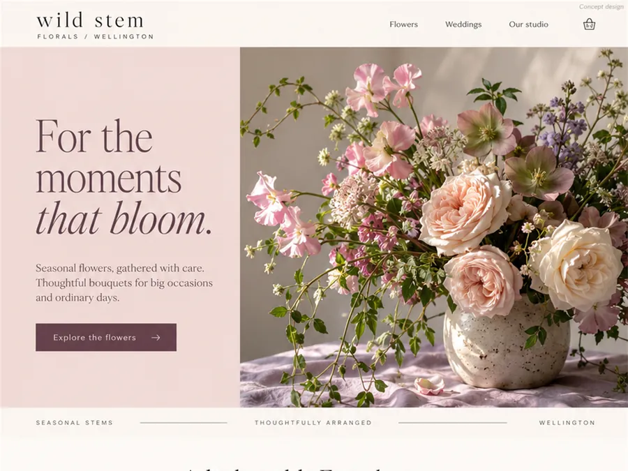 Concept homepage design for Wild Stem Florals, a fictional florist in Wellington