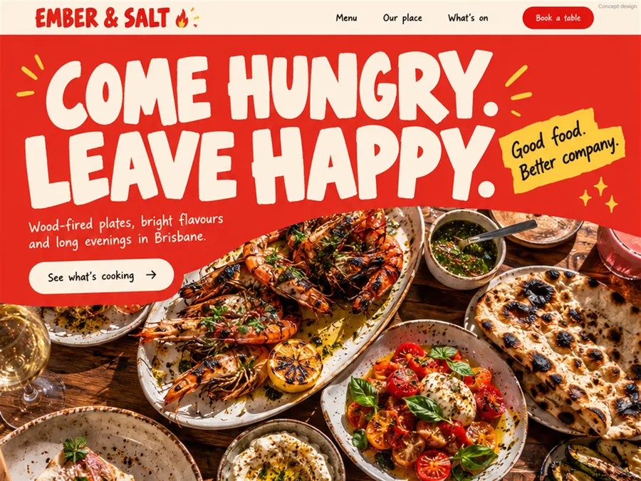 Concept homepage design for Ember & Salt, a fictional restaurant in Brisbane